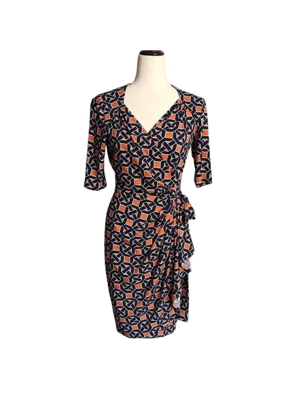 Maggie London Short Sleeve Chain Print Wrap Dress Size 6 Blue, Orange
